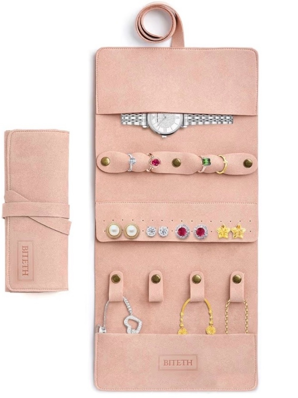 Leather Travel Jewelry Roll Organizer Pink Rings Necklace Watch Case BITETH